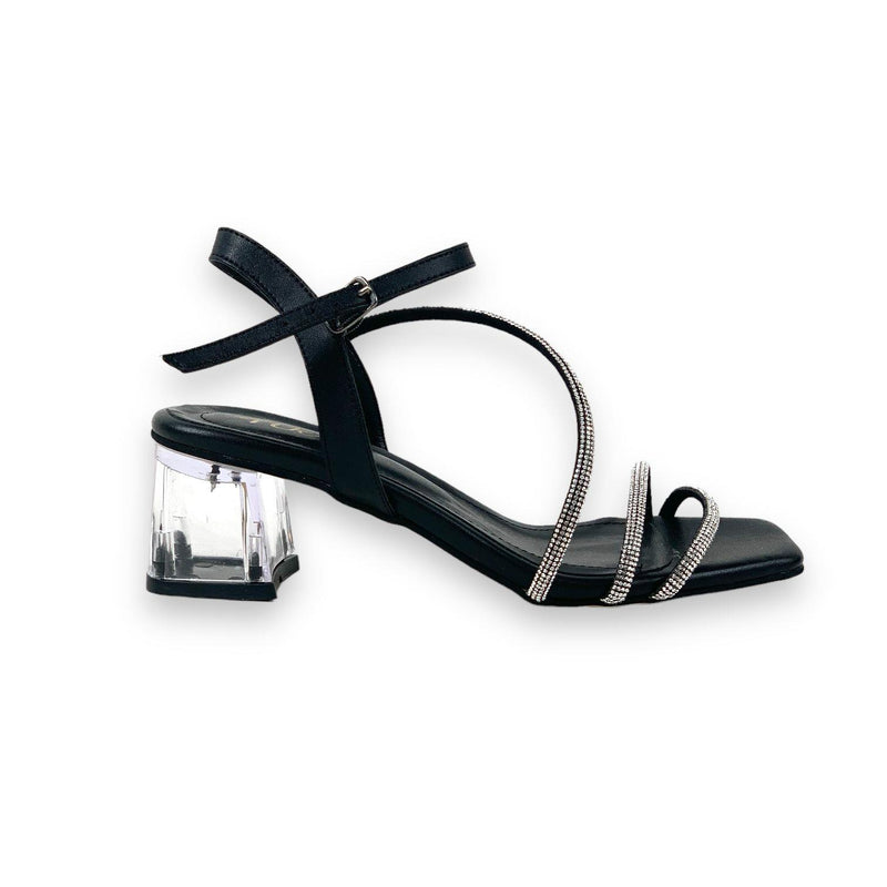 Women's Yens Black Skin Low Transparent Heel Stone Sandals 5 Cm - STREETMODE ™