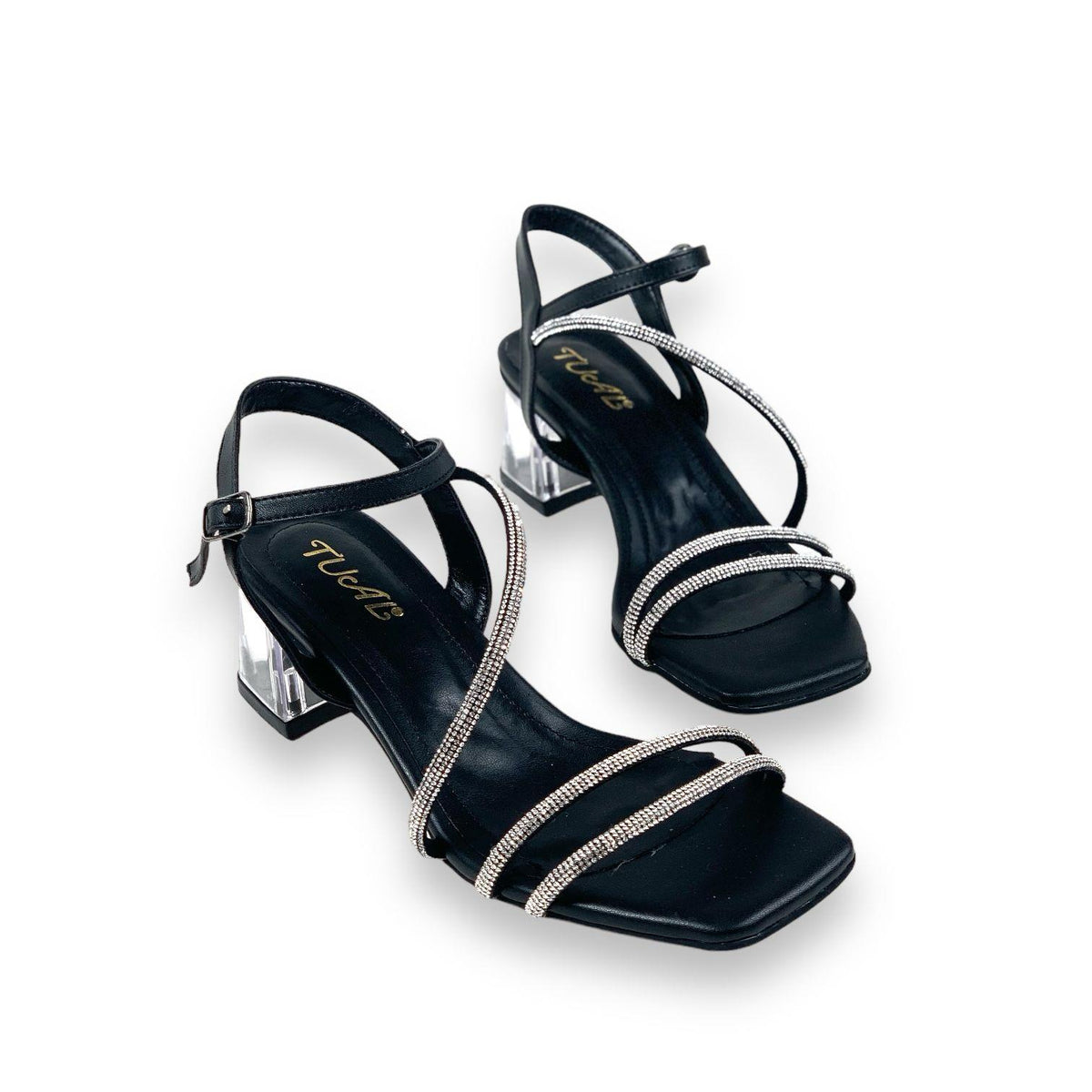 Women's Yens Black Skin Low Transparent Heel Stone Sandals 5 Cm - STREETMODE ™