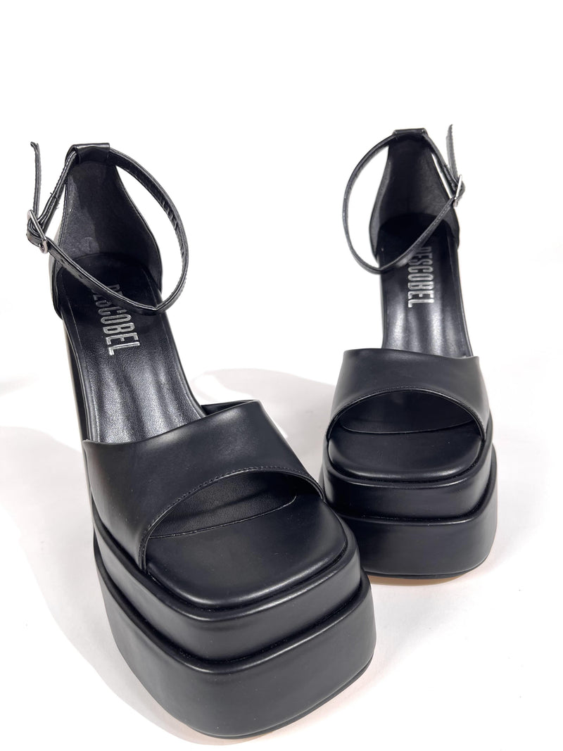 Women's Zoon Black Skin High Double Platform Open-Front Sandals Shoes - STREETMODE ™