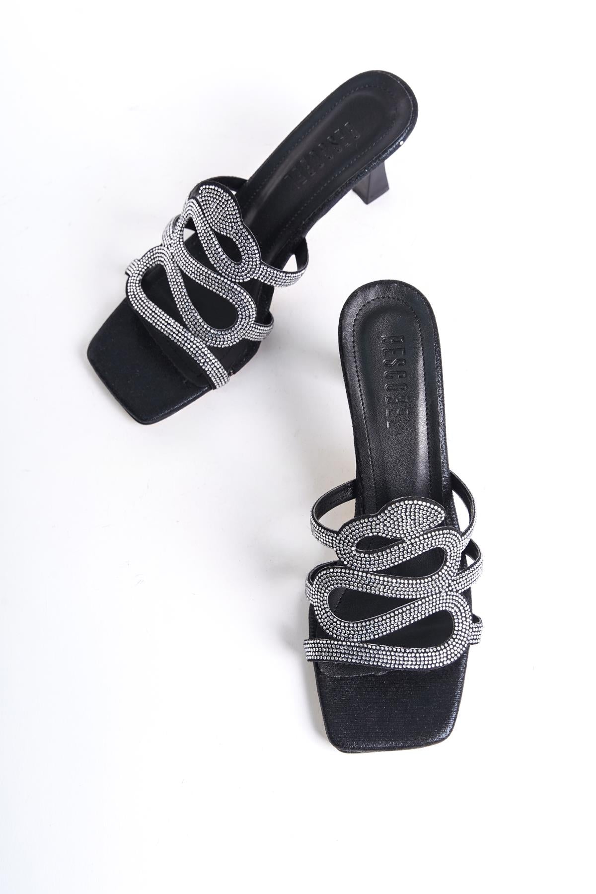 Women's Black Thin Heel Snake Model Stone Evening Dress Slippers - STREETMODE ™