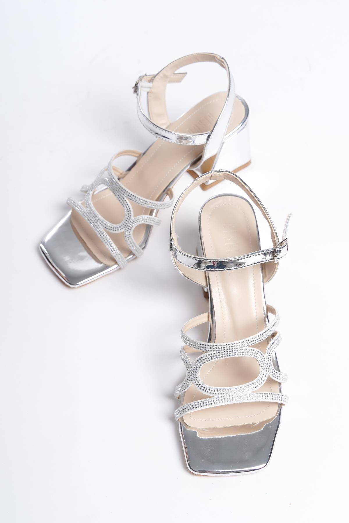 Women's Pedm Silver Low Thick Heel Stone Sandals 5 cm - STREETMODE ™