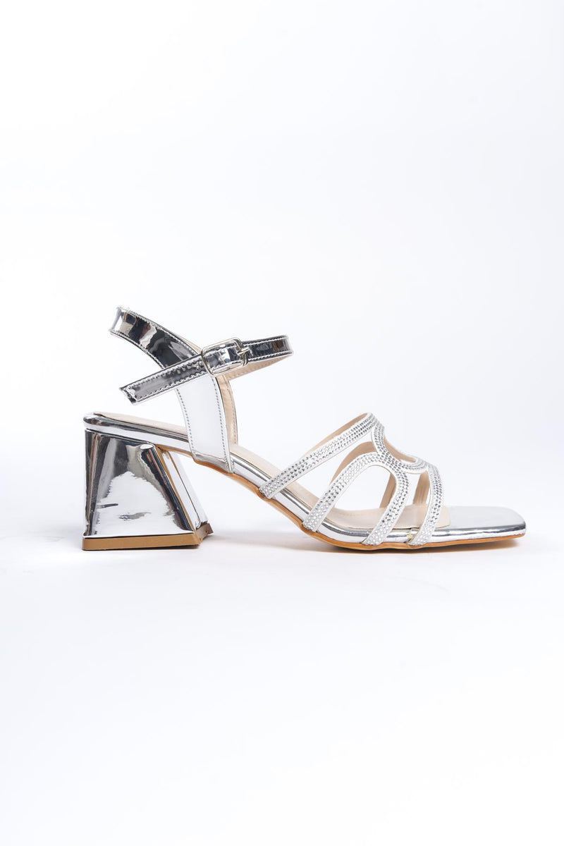 Women's Pedm Silver Low Thick Heel Stone Sandals 5 cm - STREETMODE ™