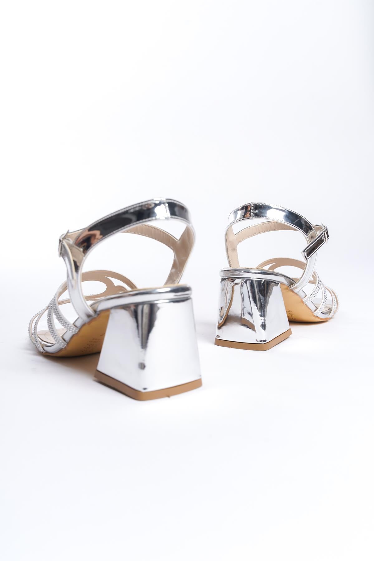 Women's Pedm Silver Low Thick Heel Stone Sandals 5 cm - STREETMODE ™