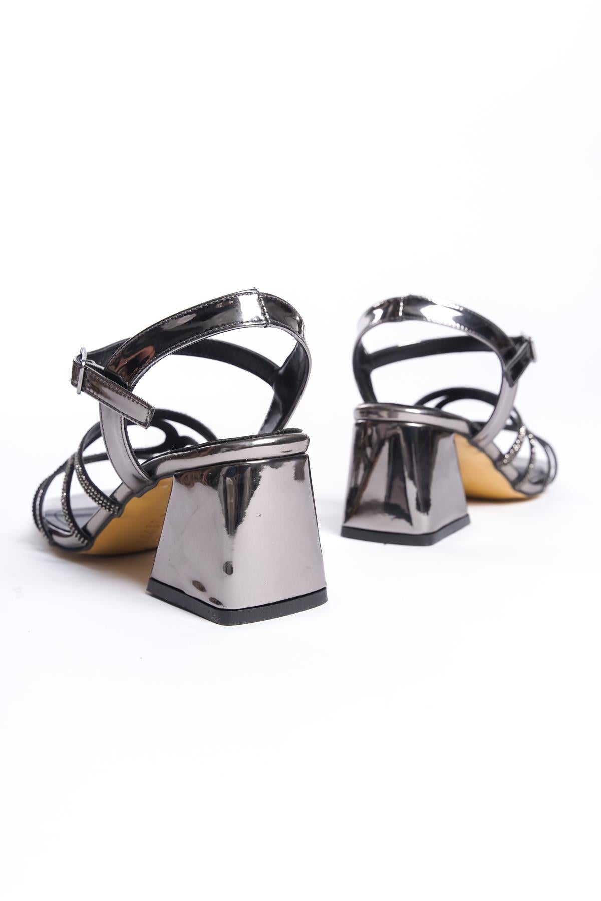 Women's Patent Leather Platinum Low Thick Heel Stone Sandals 5 cm - STREETMODE ™