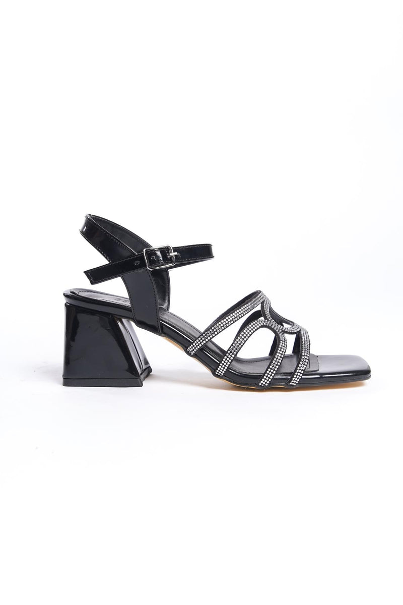 Women's Pedm Patent Leather Black Low Thick Heel Stone Sandals 5 cm - STREETMODE ™