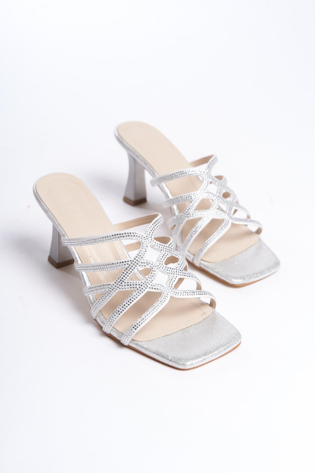 Women's Silver Stone Detailed 8 cm Heel Slippers - STREETMODE ™