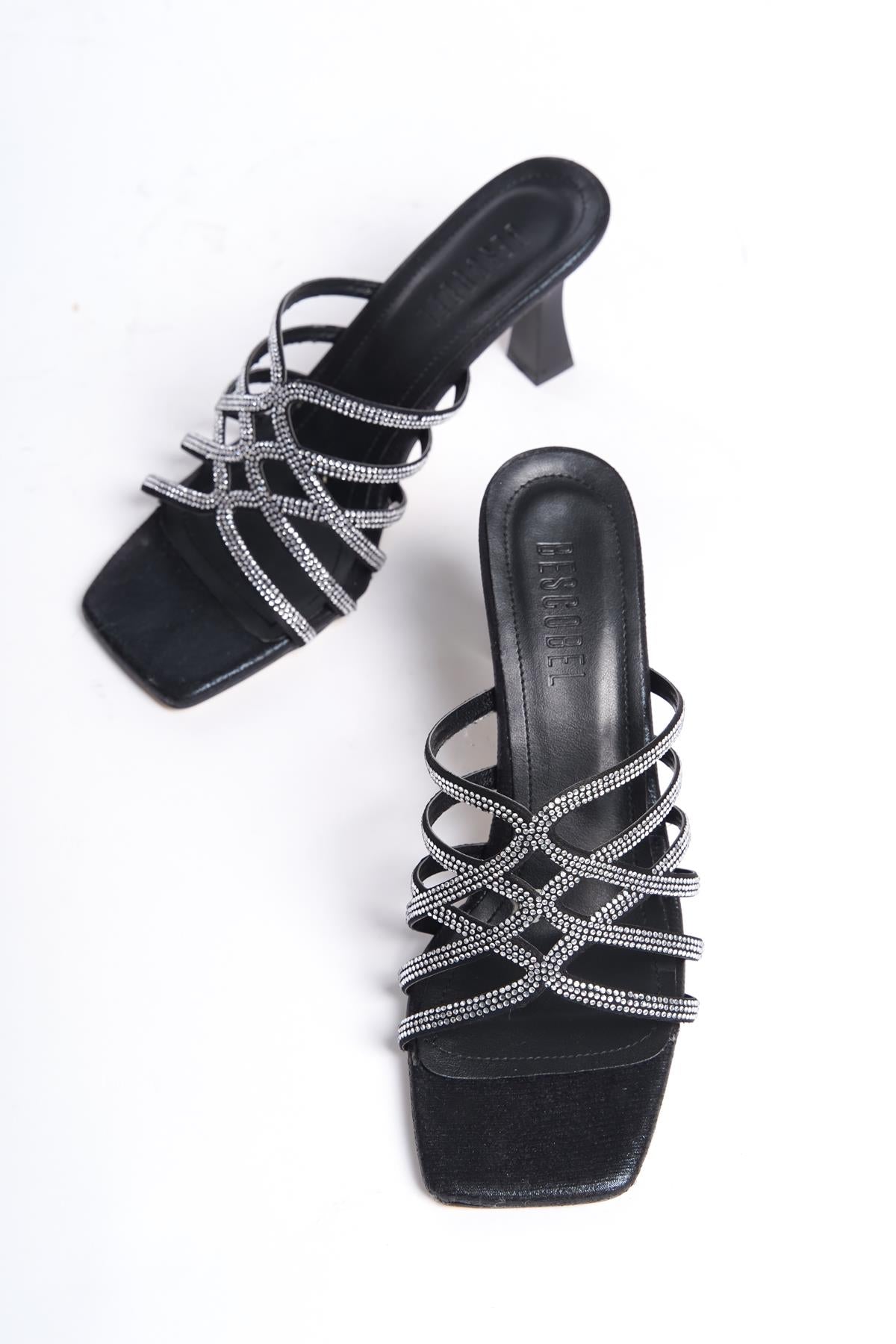 Women's Black Stone Detailed 8 cm Heel Slippers - STREETMODE ™