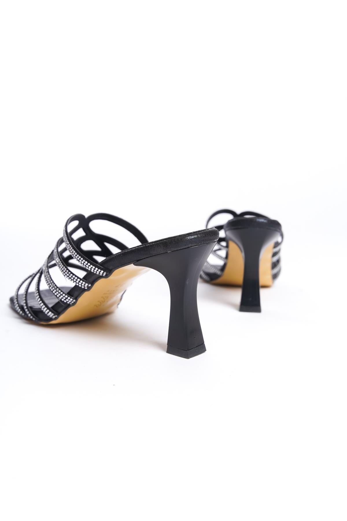 Women's Black Stone Detailed 8 cm Heel Slippers - STREETMODE ™