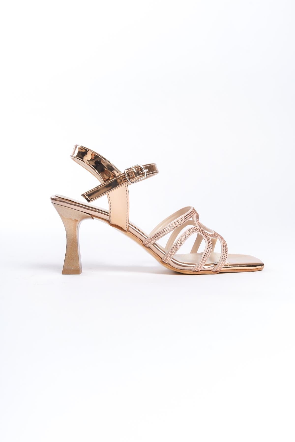 Women's Patent Leather Gold Thin Heel Stone Sandals 8 cm Heel - STREETMODE ™