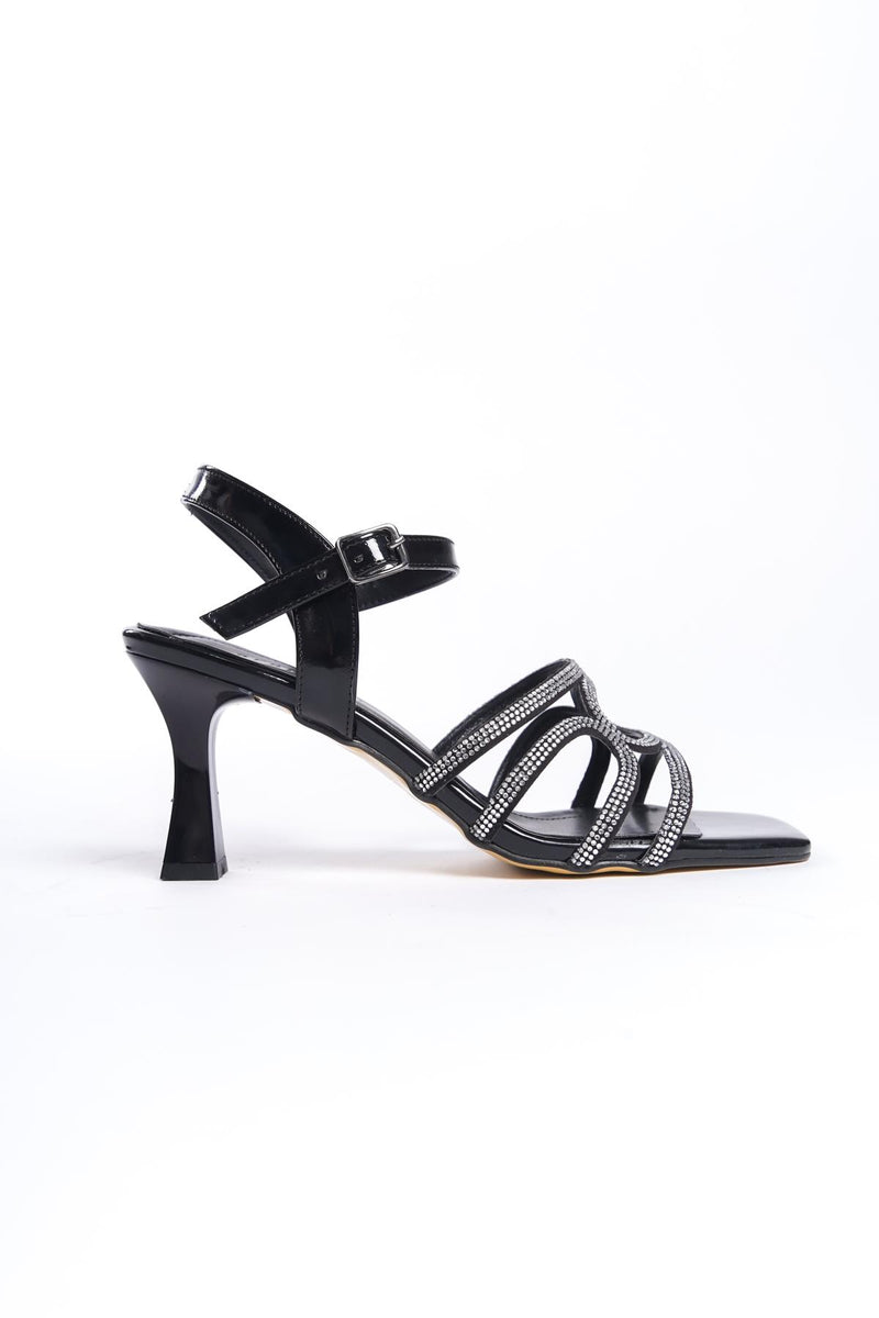 Women's Patent Leather Black Thin Heel Stone Sandals 8 cm Heel - STREETMODE ™