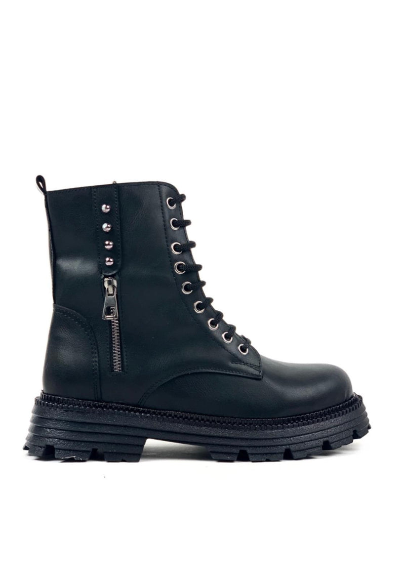 Women's Black Casn Zippered Lace Up Boots - STREETMODE ™