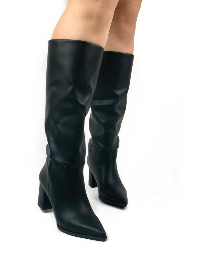 Women's Black Dais Zipperless Heeled Leather Boots - STREETMODE ™