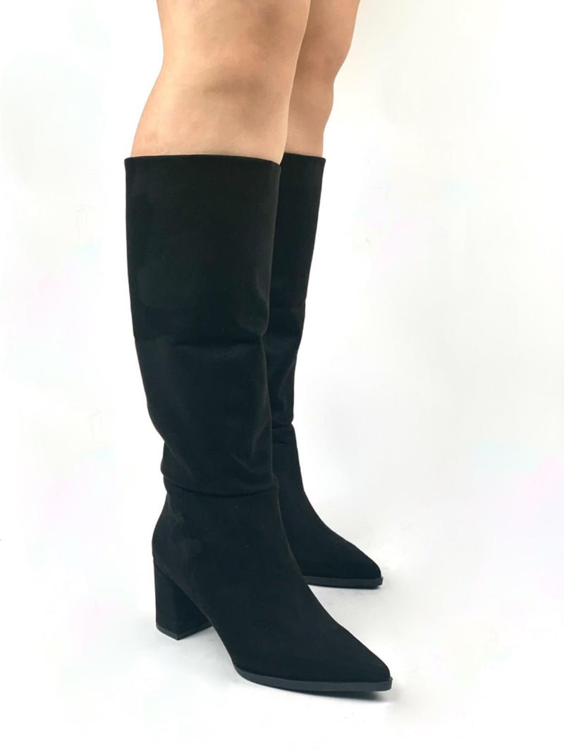 Women's Black Dais Zipperless Heeled Suede Boots - STREETMODE ™