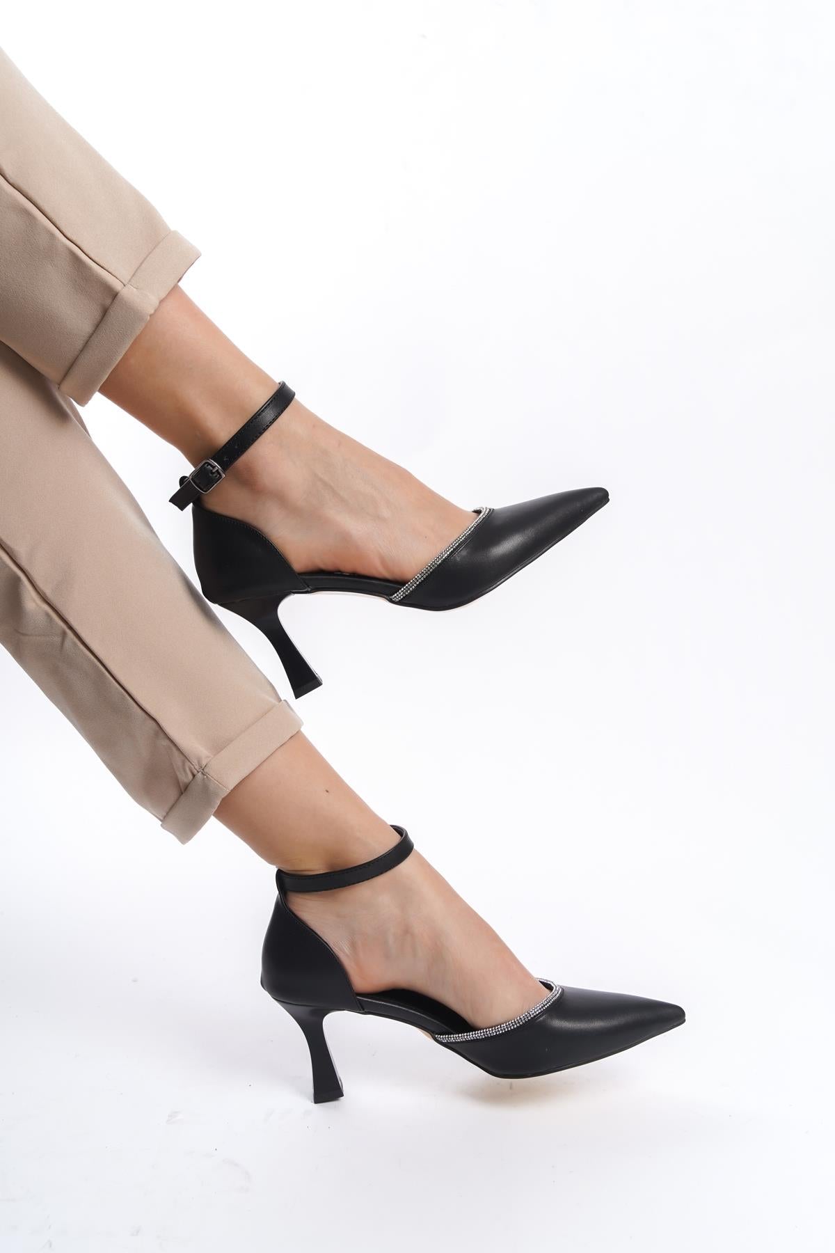 Women's Black Kenm Siciri Toe Thin Heel Stone Detailed Daily Evening Shoes  | STREETMODE ™, image size:1200x1800