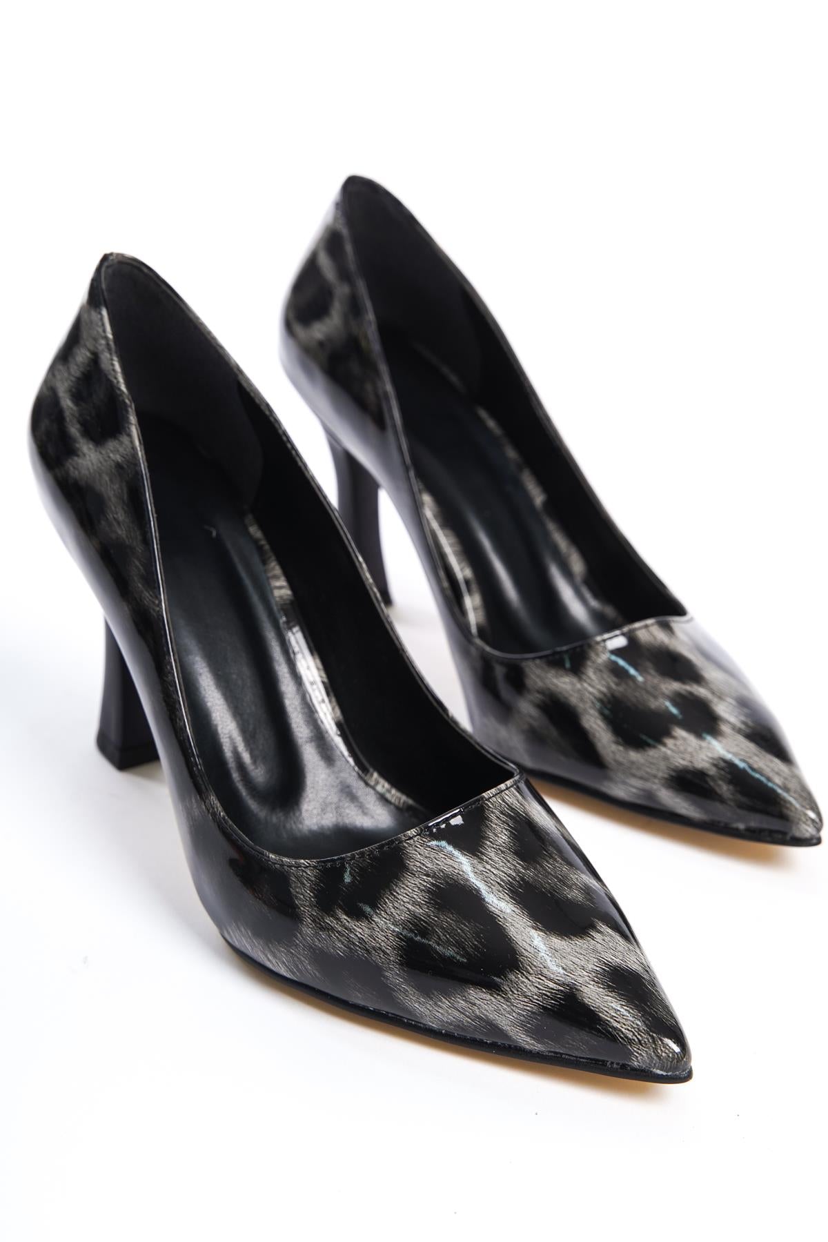 Women's Black Leopard Pattern Patent Leather Painted Heel Casual Shoes - STREETMODE ™