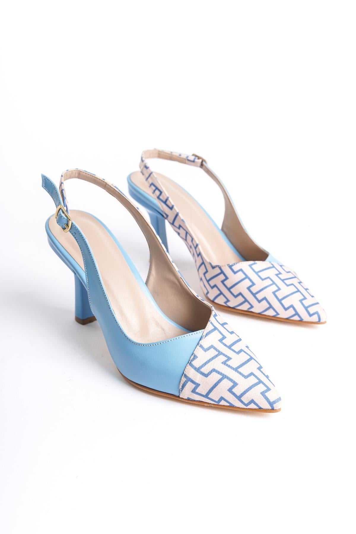 Women's Blue Skin Fabric Detailed Heeled Shoes (8) cm heel - STREETMODE ™