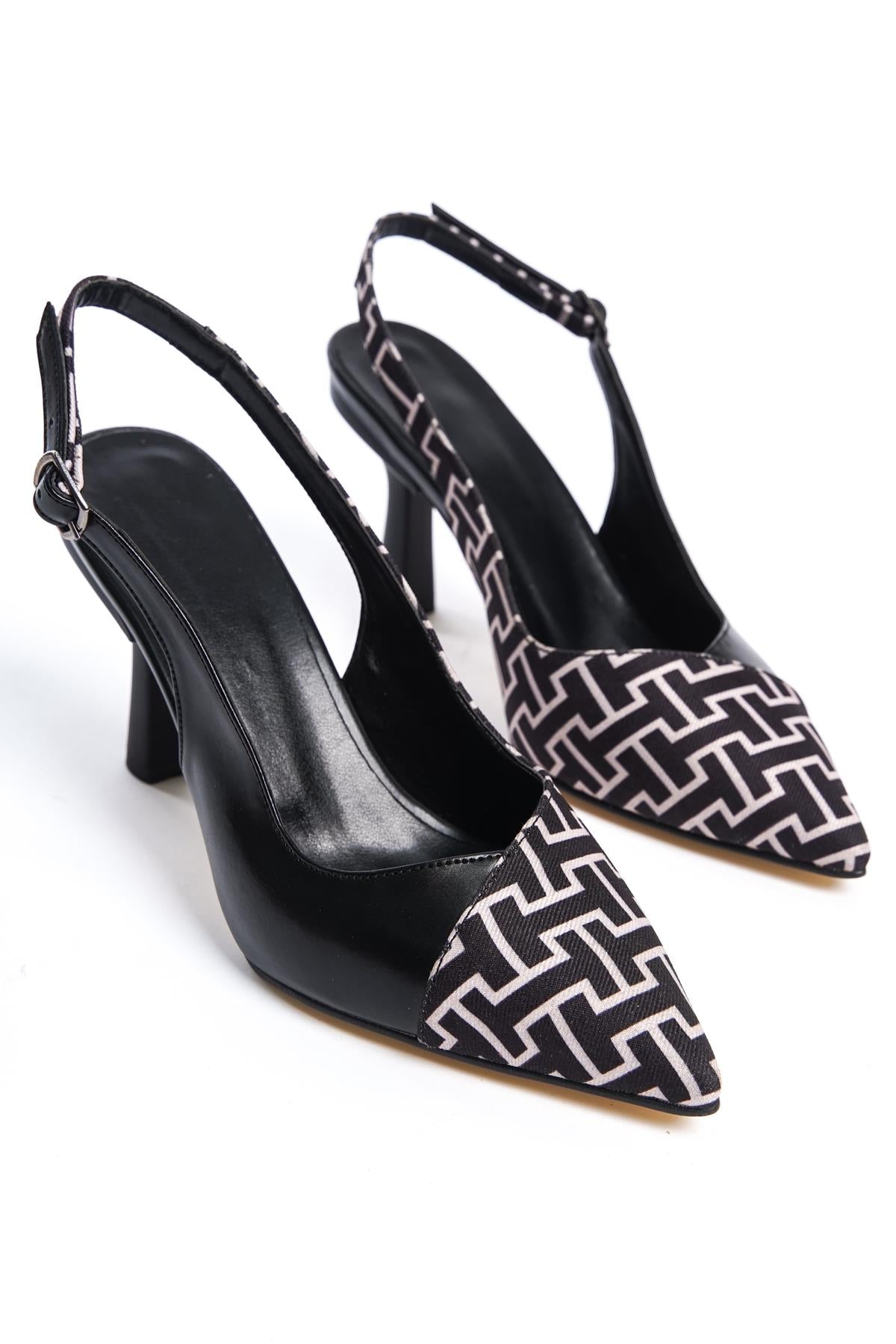 Women's Black Leather Fabric Detailed Heeled Shoes - STREETMODE ™