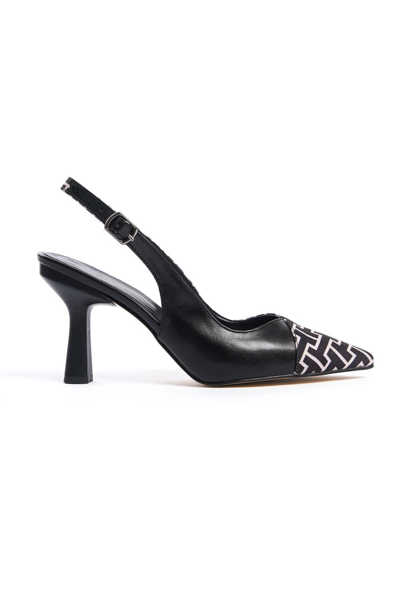 Women's Black Leather Fabric Detailed Heeled Shoes - STREETMODE ™