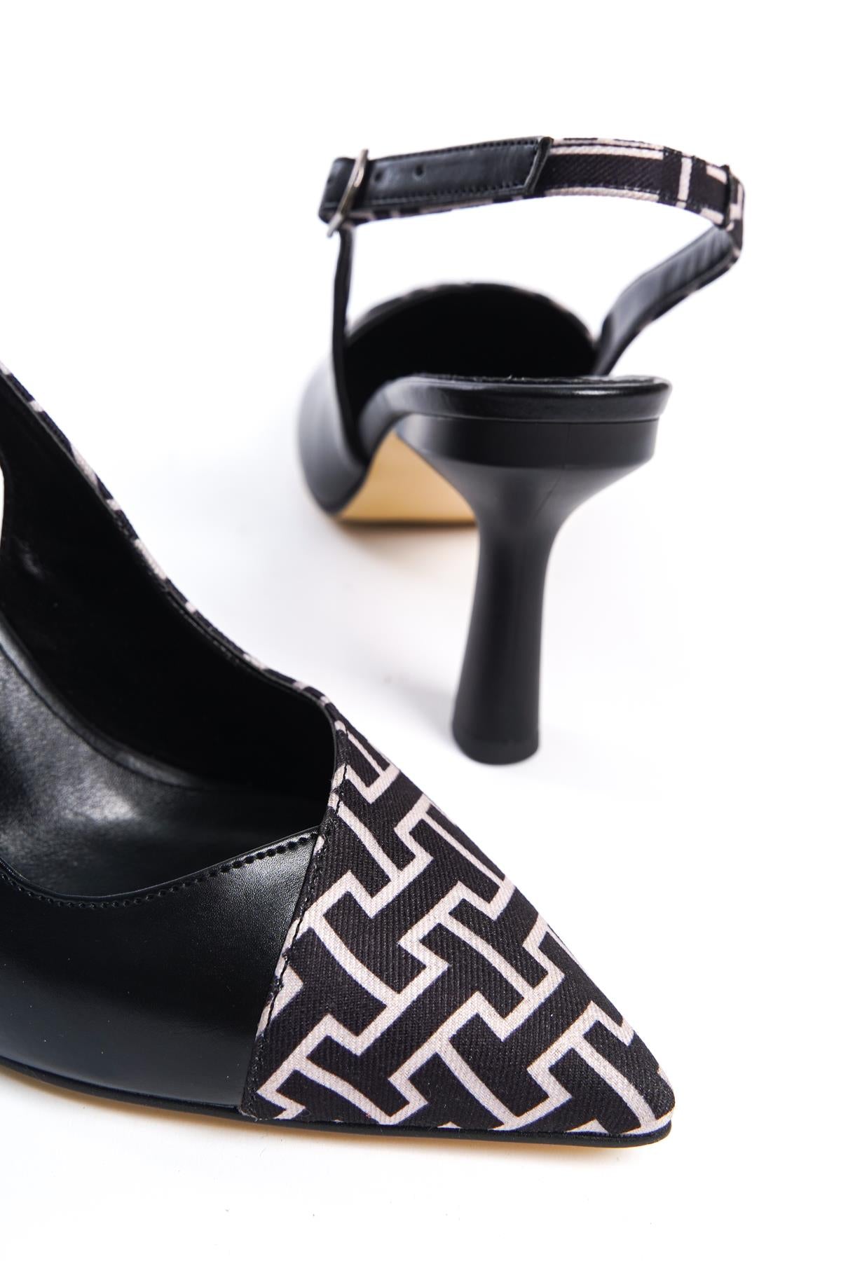 Women's Black Leather Fabric Detailed Heeled Shoes - STREETMODE ™