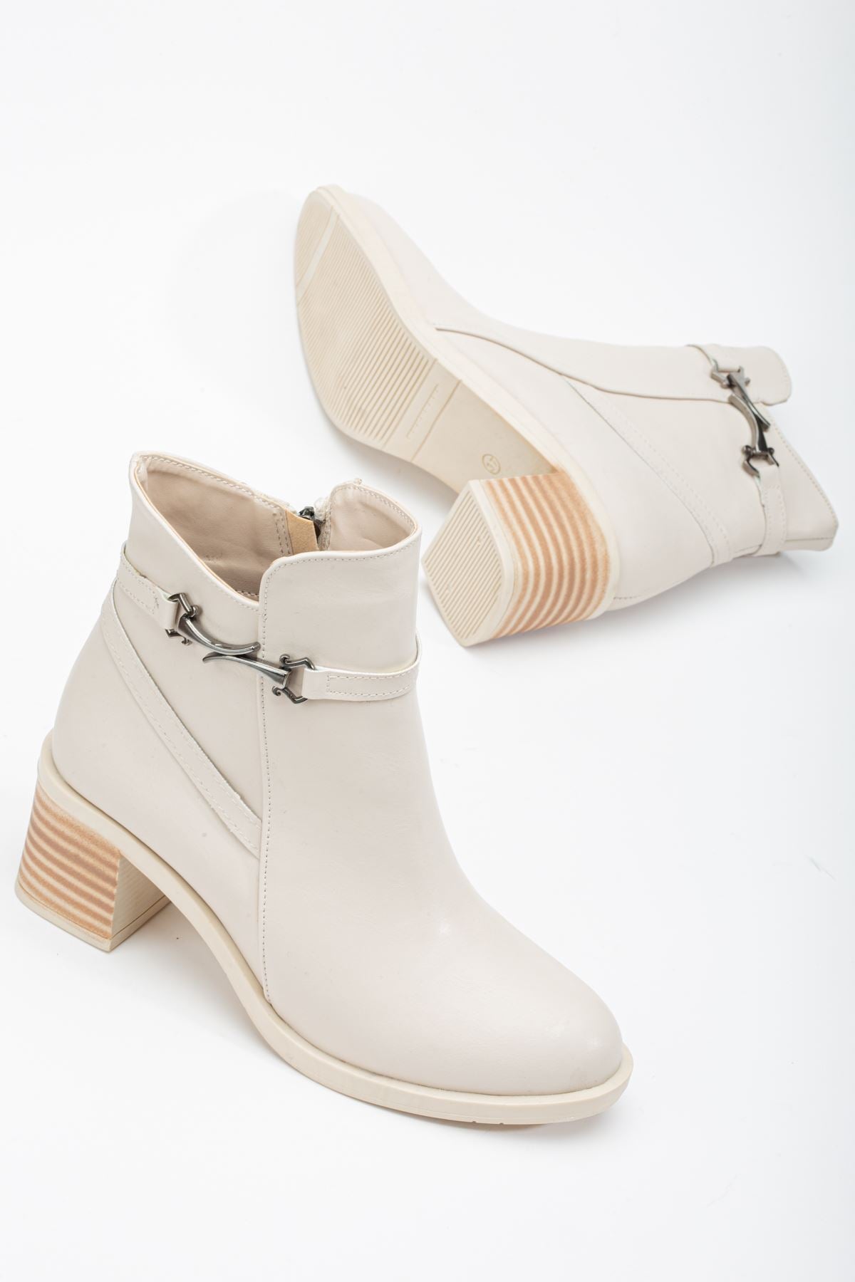 Beige Buckled Heeled Women's Boots - STREETMODE ™