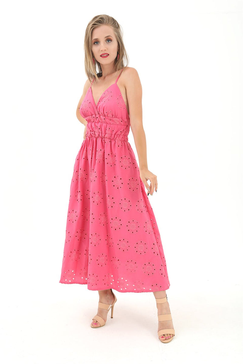 Women's Elastic Waist Lined Back Low-cut Embroidered Dress - Fuchsia - STREETMODE ™