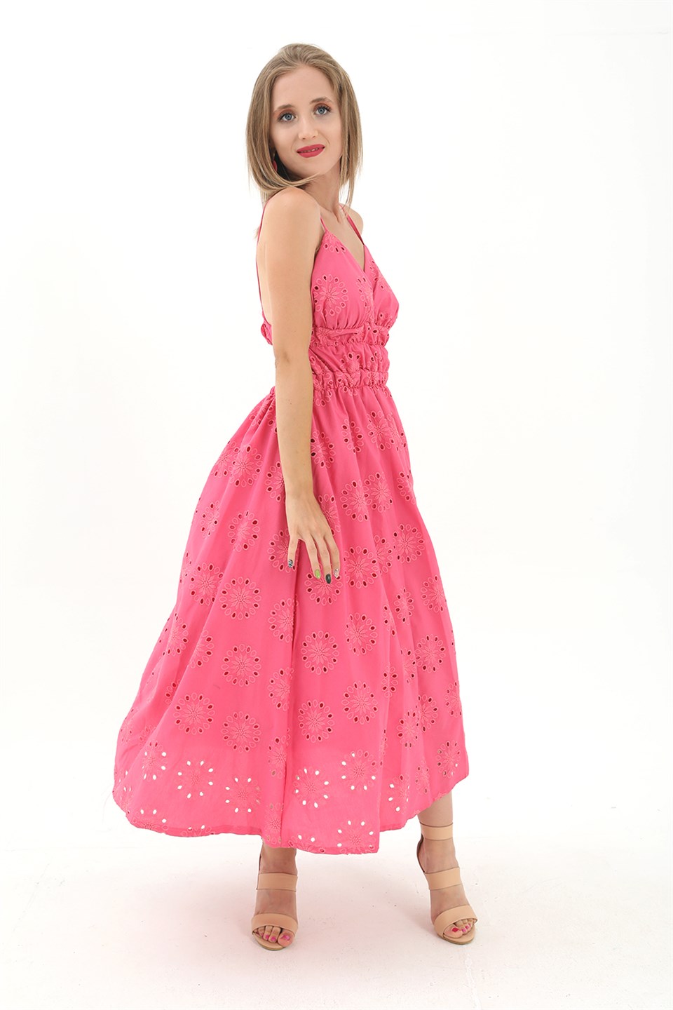 Women's Elastic Waist Lined Back Low-cut Embroidered Dress - Fuchsia - STREETMODE ™