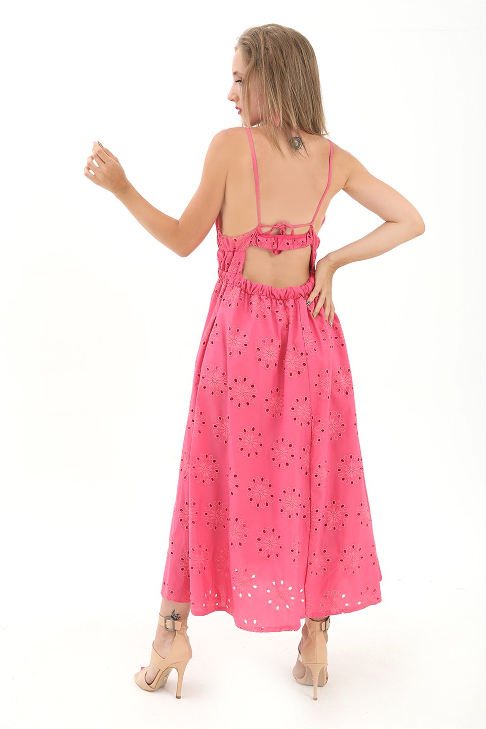 Women's Elastic Waist Lined Back Low-cut Embroidered Dress - Fuchsia - STREETMODE ™