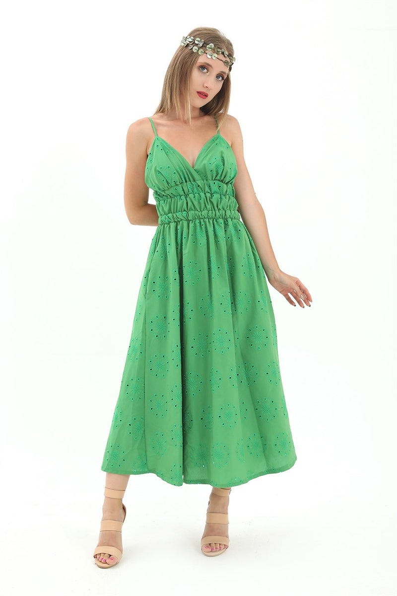 Women's Elastic Waist Lined Back Low-cut Embroidered Dress - Green - STREET MODE ™
