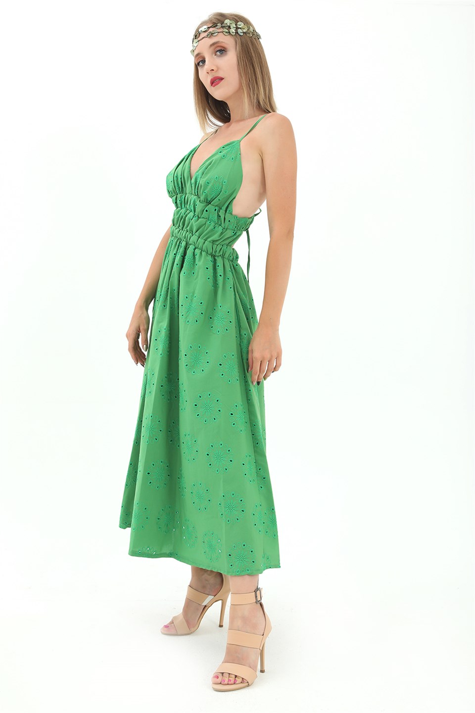 Women's Elastic Waist Lined Back Low-cut Embroidered Dress - Green - STREET MODE ™