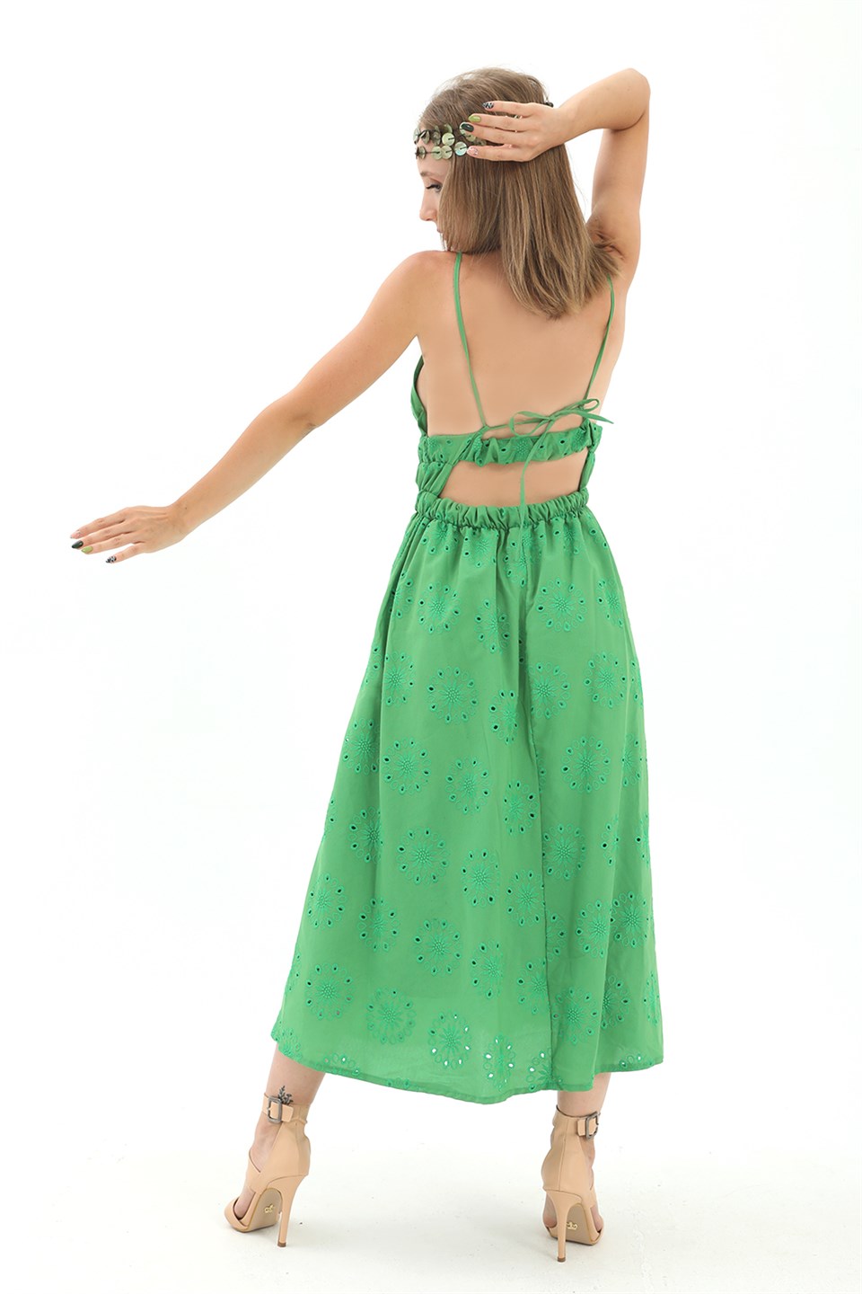 Women's Elastic Waist Lined Back Low-cut Embroidered Dress - Green - STREET MODE ™