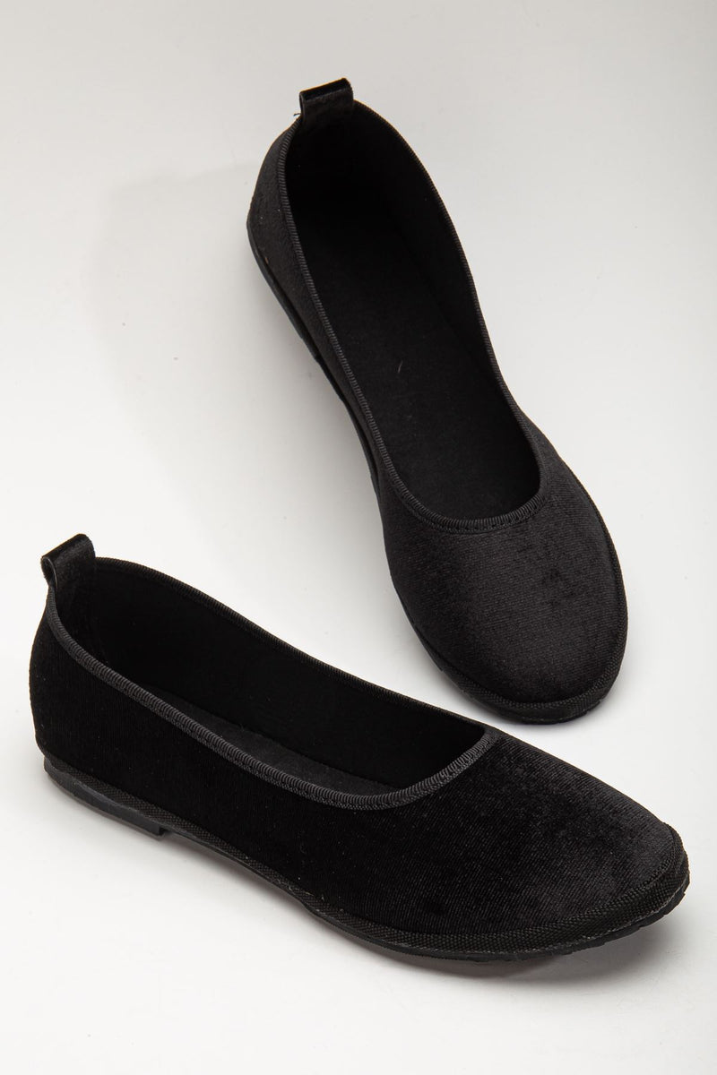 Berny Black Velvet Buckle Detailed Flat Sole Women's Ballerina Ballerina Flats - STREETMODE ™