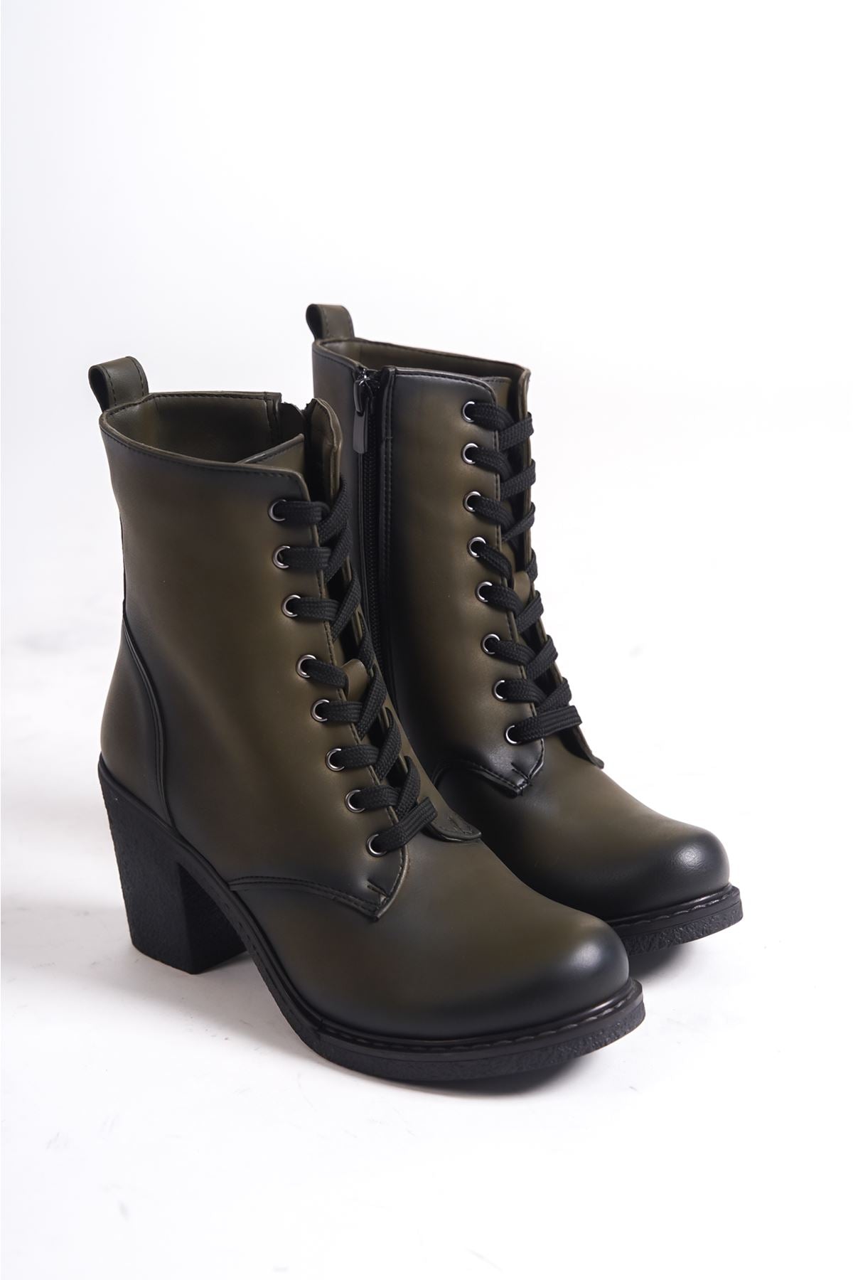 Berzo Khaki Green Platform Heeled Lace Up Boots - STREETMODE ™