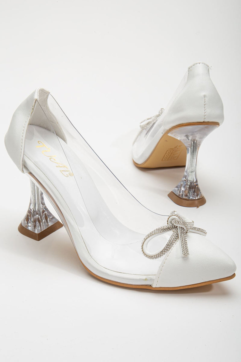 Women's White Stiletto Stone Skin Transparent Heeled Shoes - STREETMODE ™