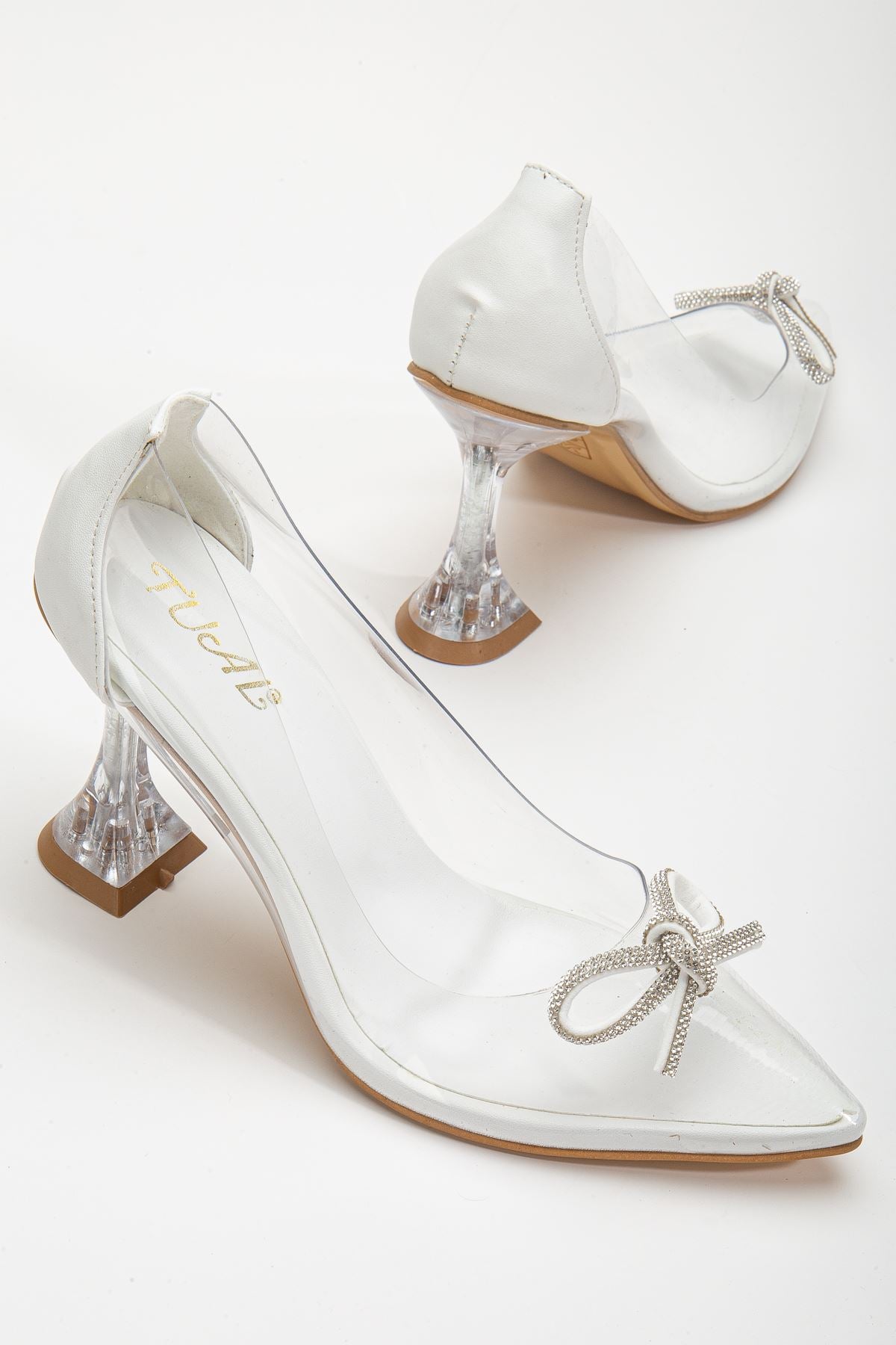Women's White Stiletto Stone Transparent Heeled Shoes - STREETMODE ™