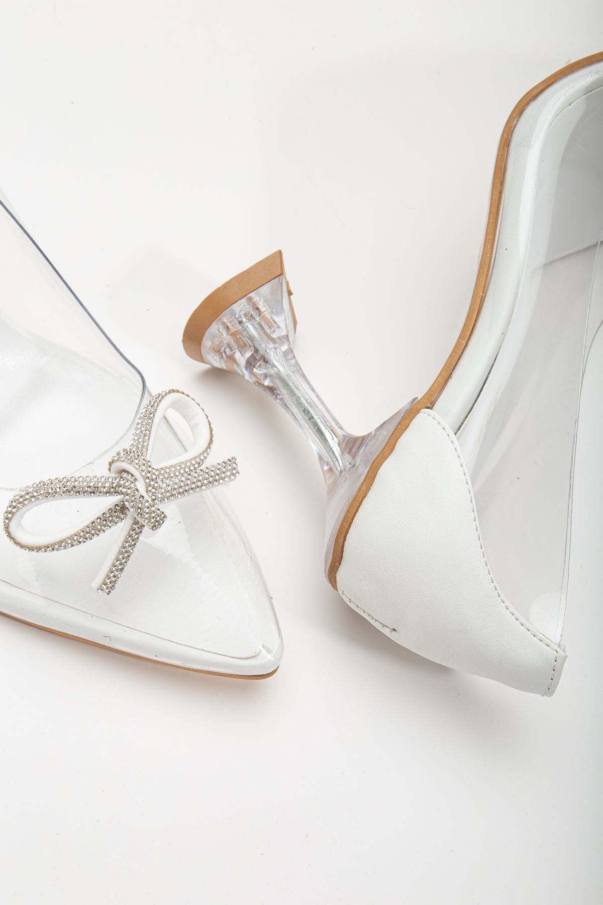 Women's White Stiletto Stone Transparent Heeled Shoes - STREETMODE ™