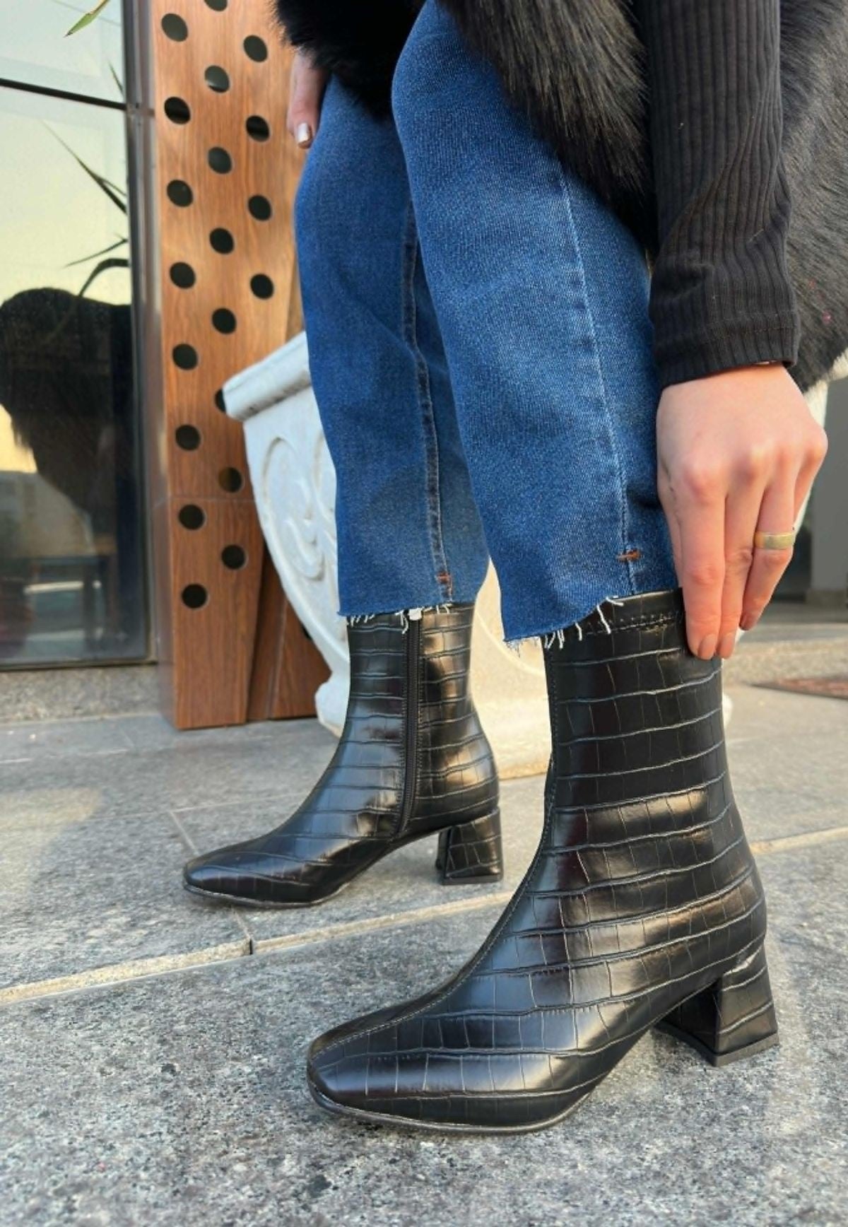 Women's Black Leather Patterned Heeled Boots - STREETMODE ™