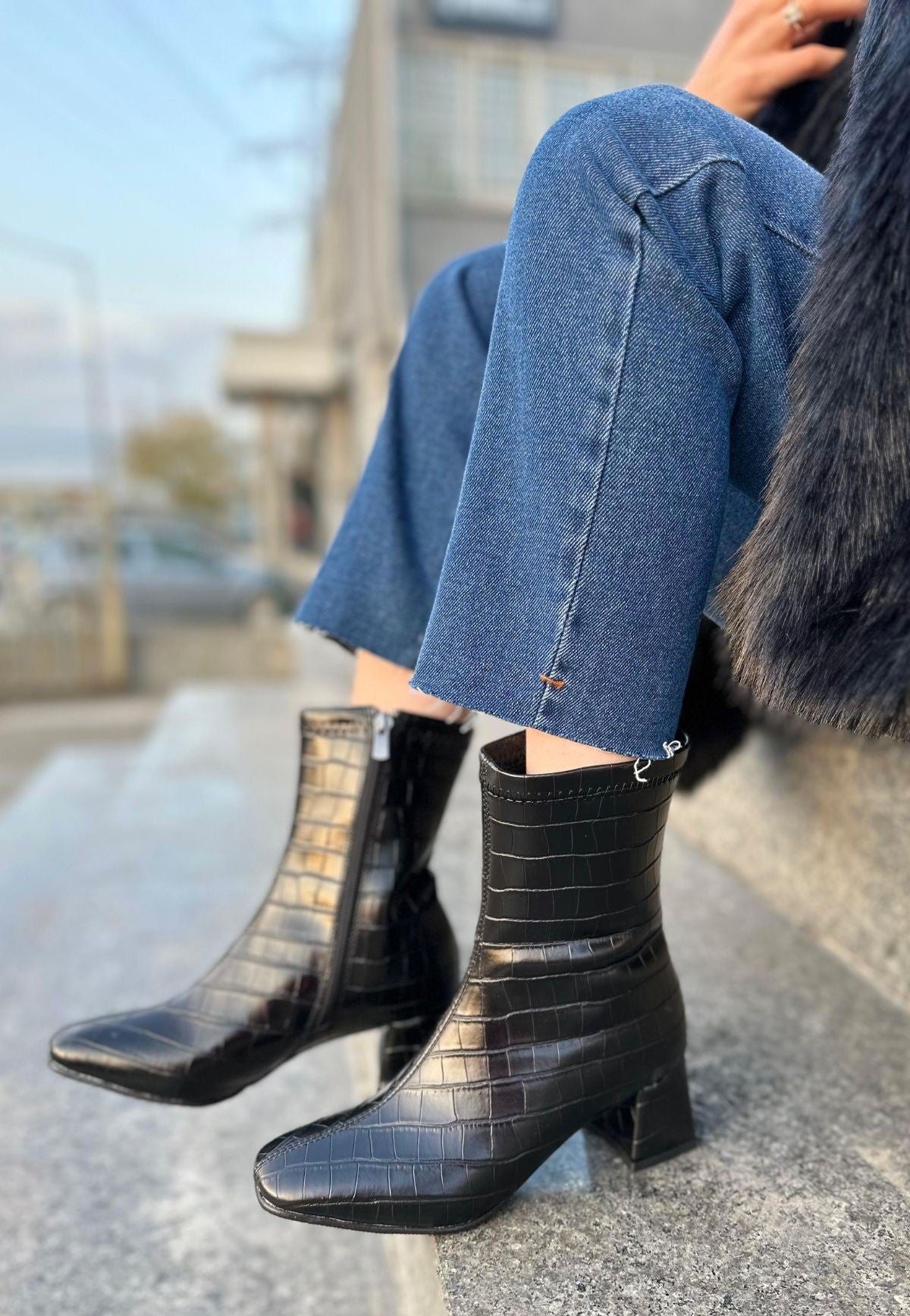 Women's Black Leather Patterned Heeled Boots - STREETMODE ™