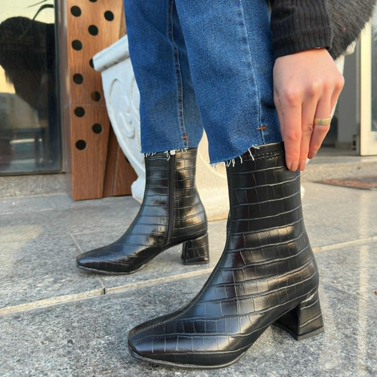 Women's Black Leather Patterned Heeled Boots - STREETMODE ™