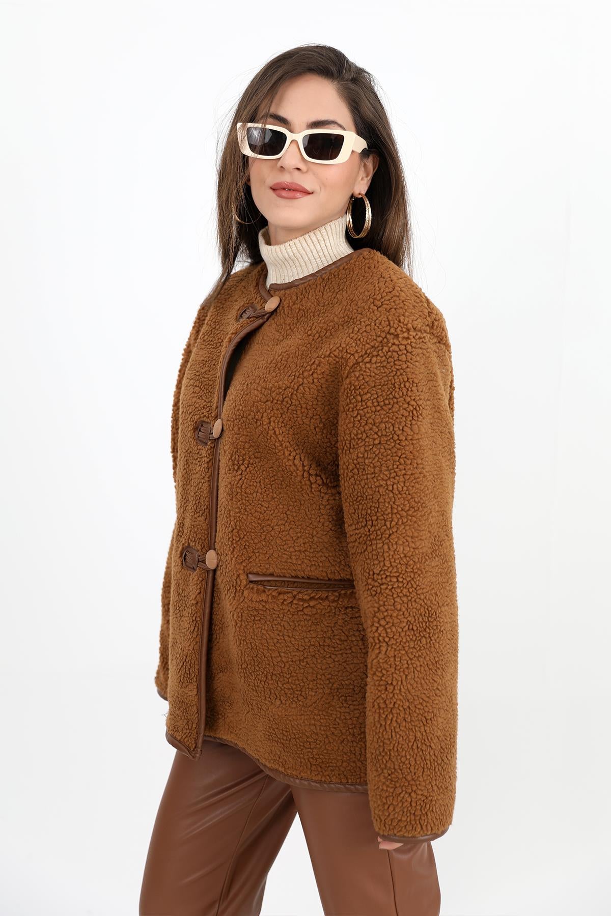 Women's Crew Neck Curly Jacket - Camel - STREETMODE ™