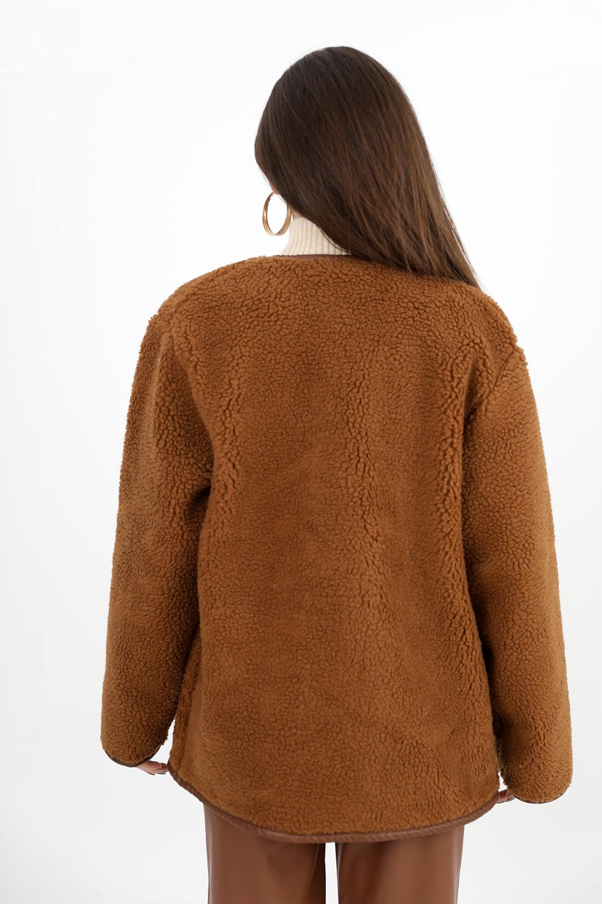 Women's Crew Neck Curly Jacket - Camel - STREETMODE ™