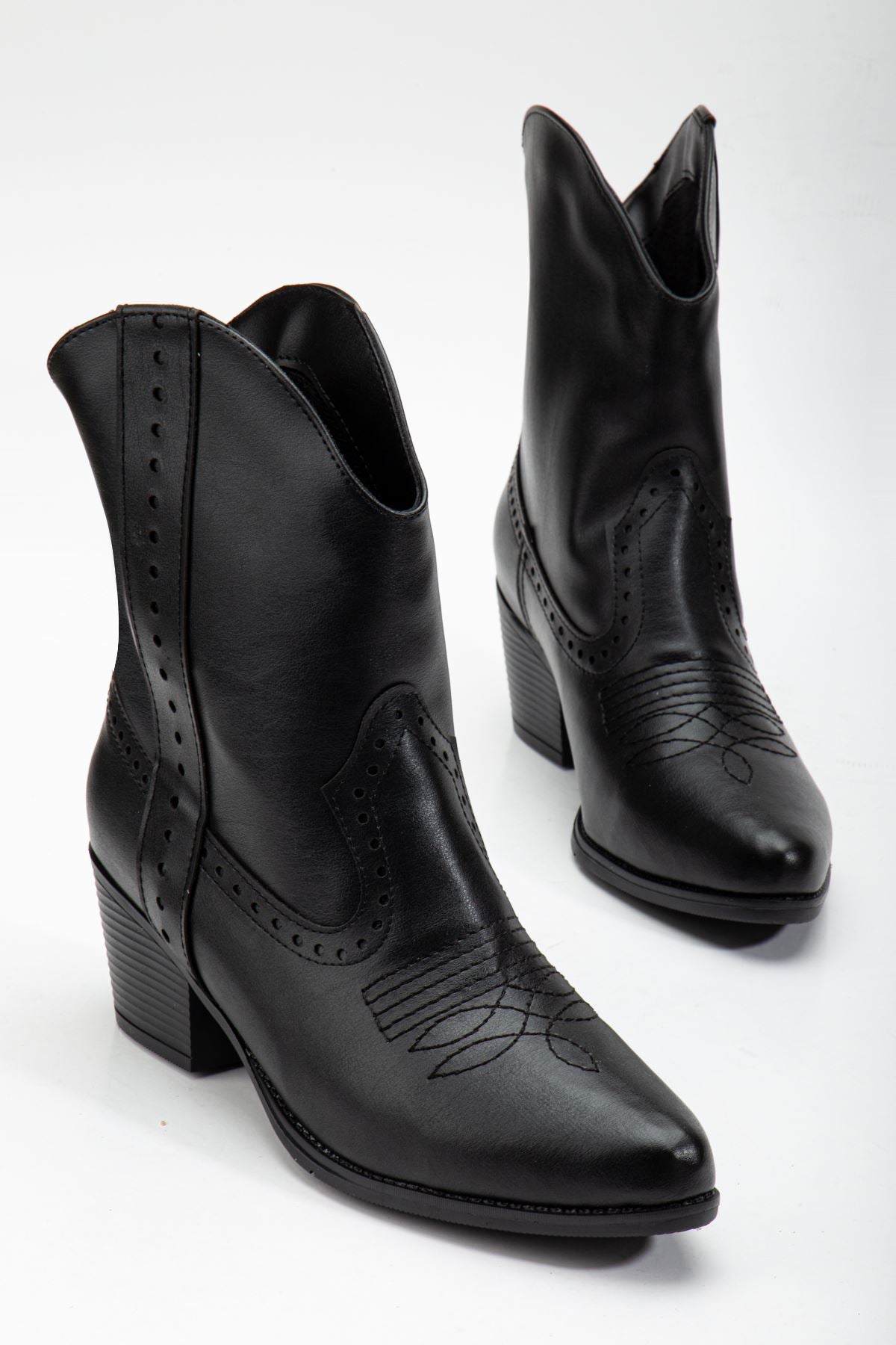 Black Matte Leather Western Cowboy Boots - STREETMODE ™