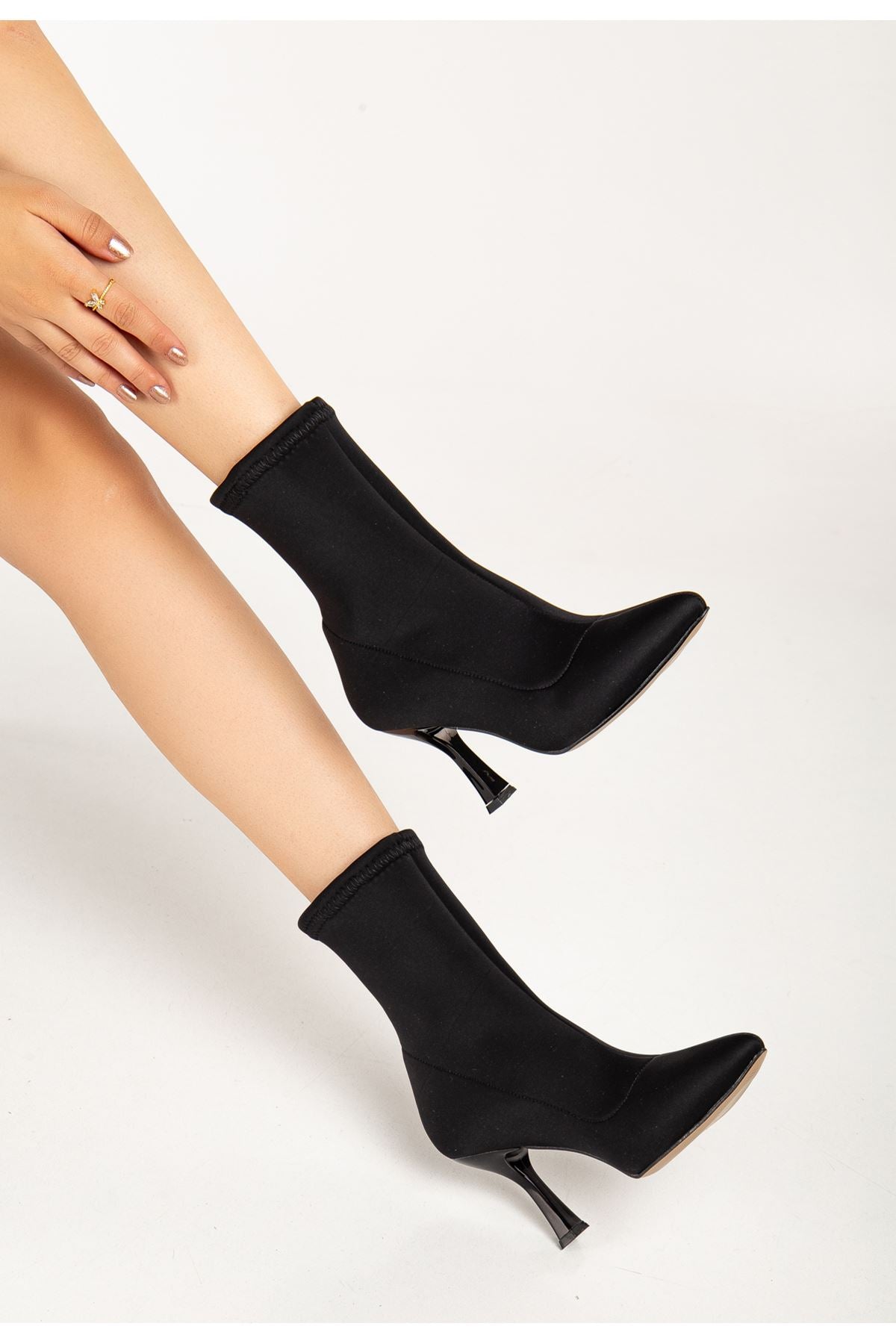 Black Wet High Thin Heel Stretch Women's Boots