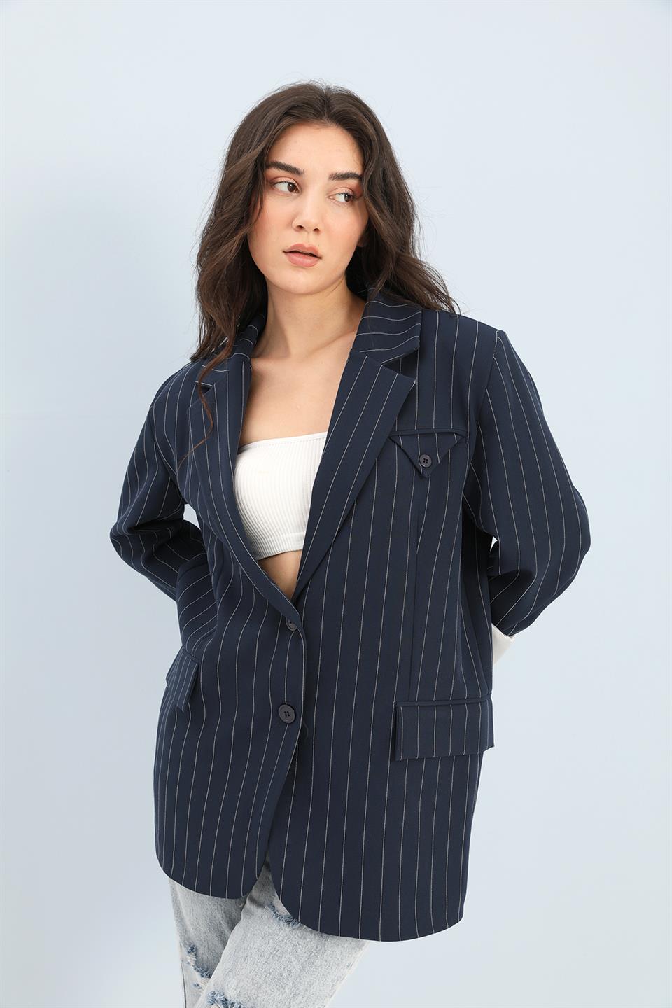 Women's Blazer Jacket Striped Atlas Fabric - Navy - STREETMODE ™