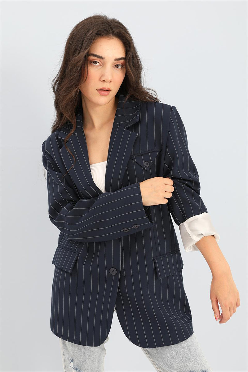 Women's Blazer Jacket Striped Atlas Fabric - Navy - STREETMODE ™