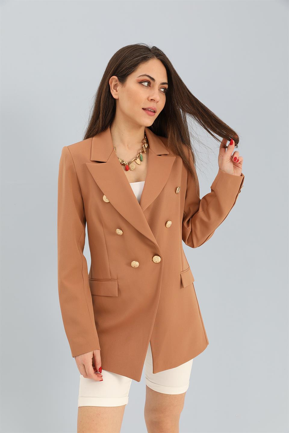 Women's Blazer Fleto Pocket Atlas Fabric Jacket - Camel - STREETMODE ™
