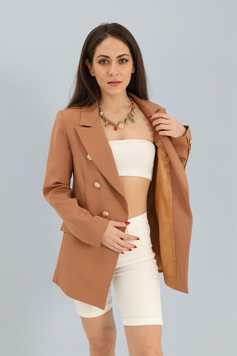 Women's Blazer Fleto Pocket Atlas Fabric Jacket - Camel - STREETMODE ™