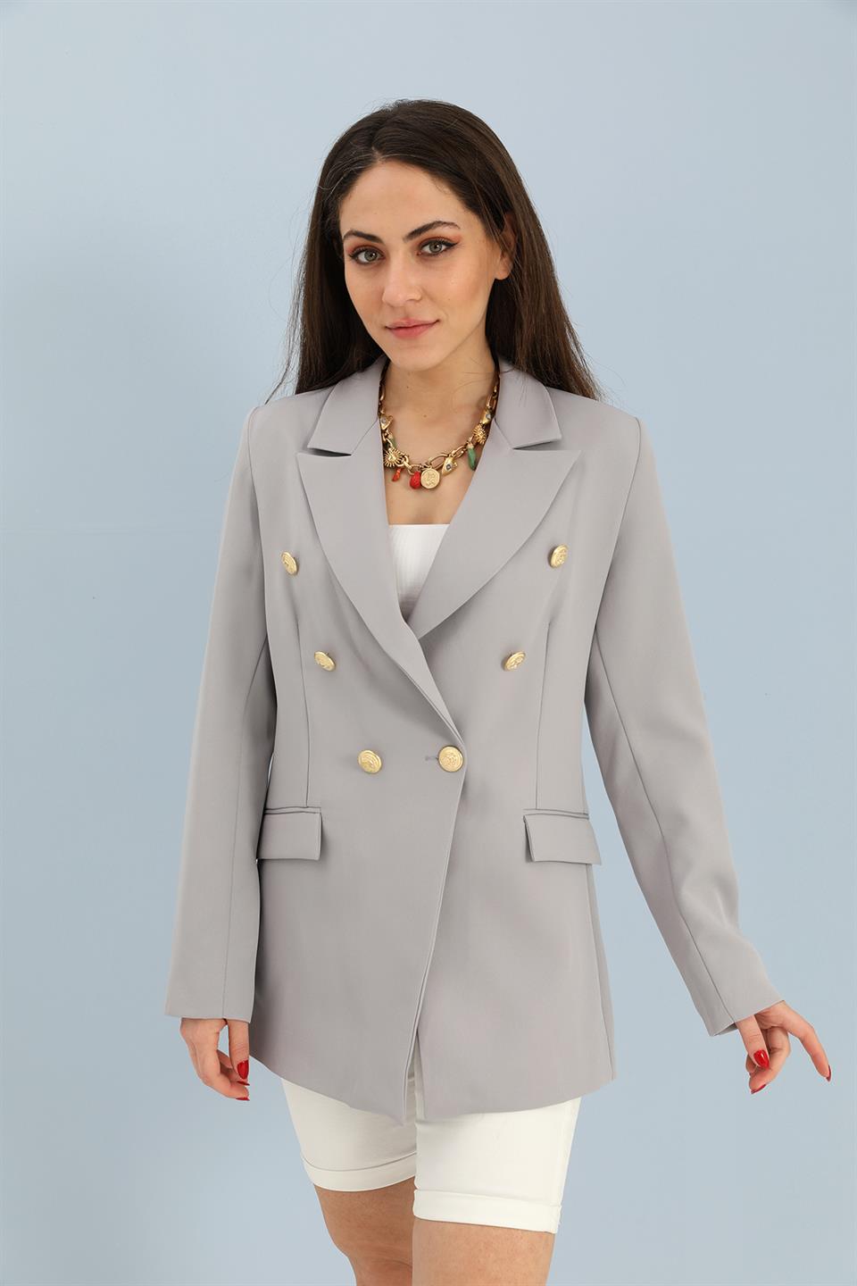 Women's Blazer Fleto Pocket Atlas Fabric Jacket - Gray - STREET MODE ™
