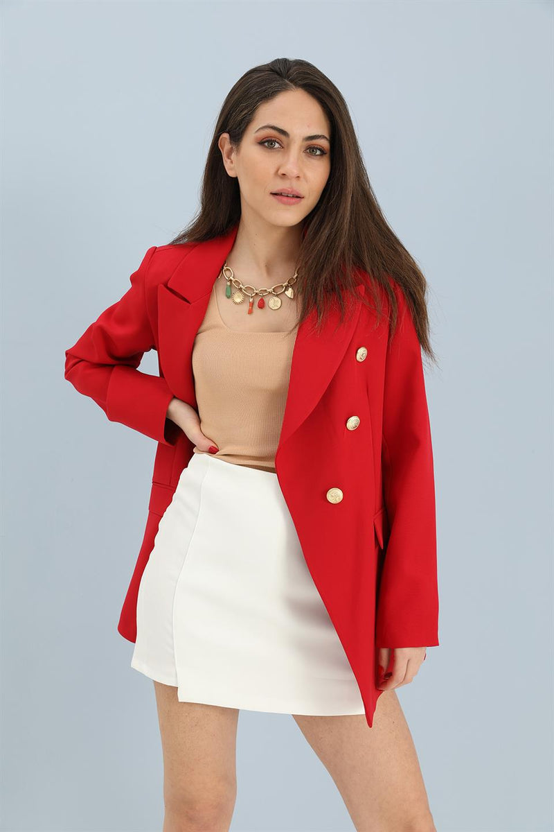 Women's Blazer Fleto Pocket Atlas Fabric Jacket - Red - STREETMODE ™