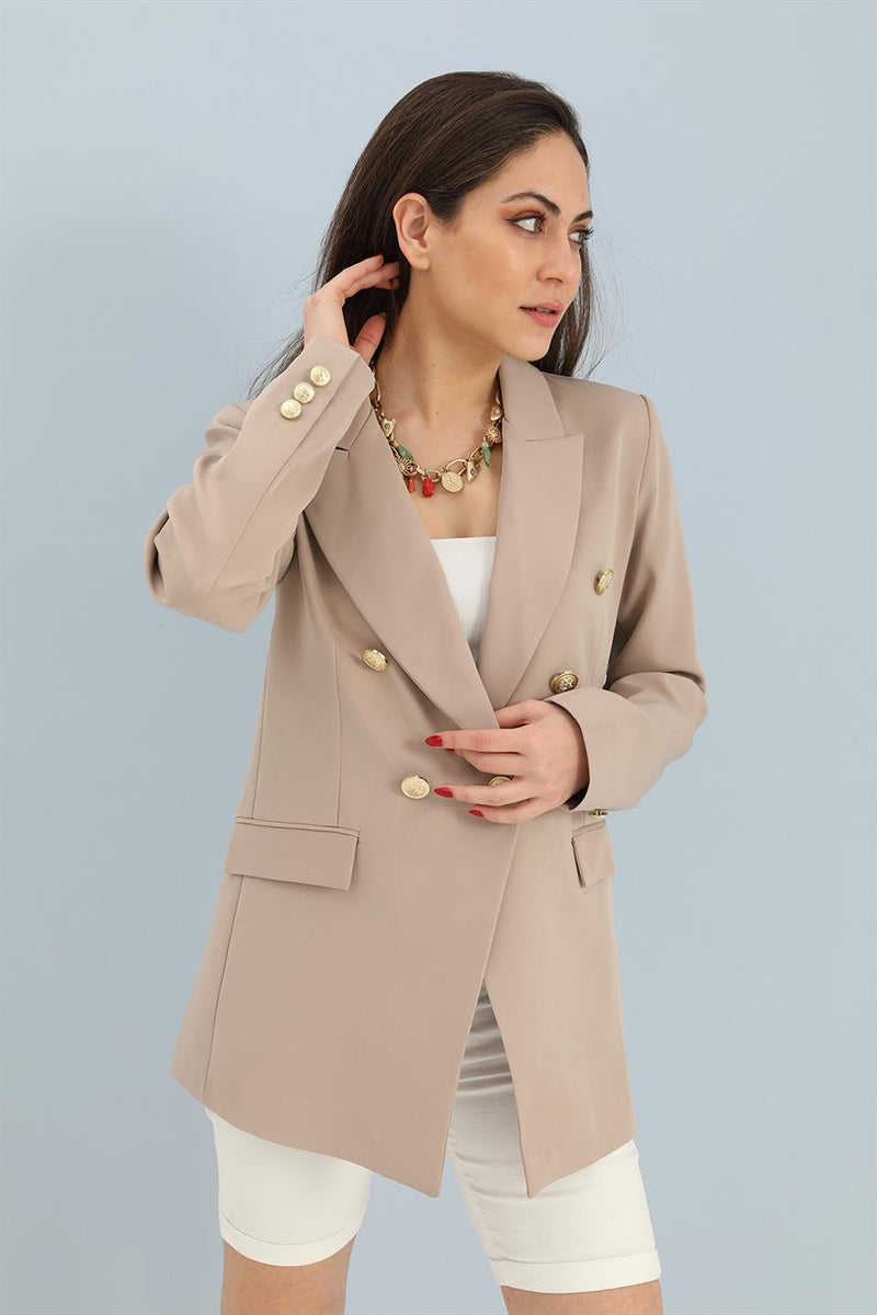 Women's Blazer Fleto Pocket Atlas Fabric Jacket - Stone - STREETMODE ™