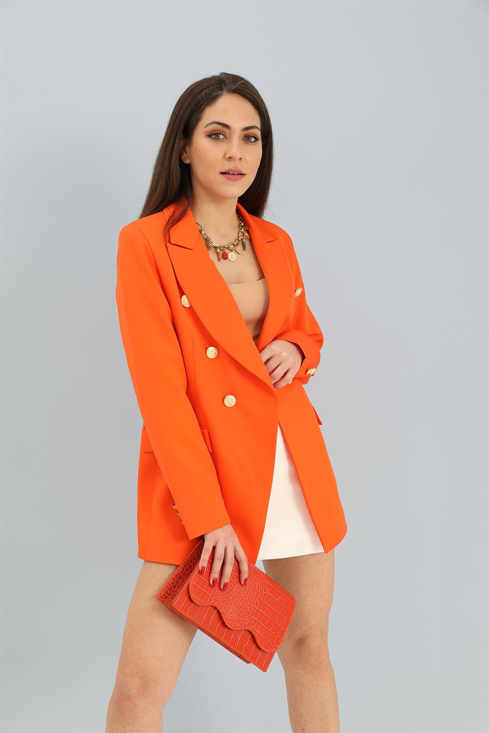 Women's Blazer Fleto Pocket Atlas Fabric Jacket - Orange - STREETMODE ™